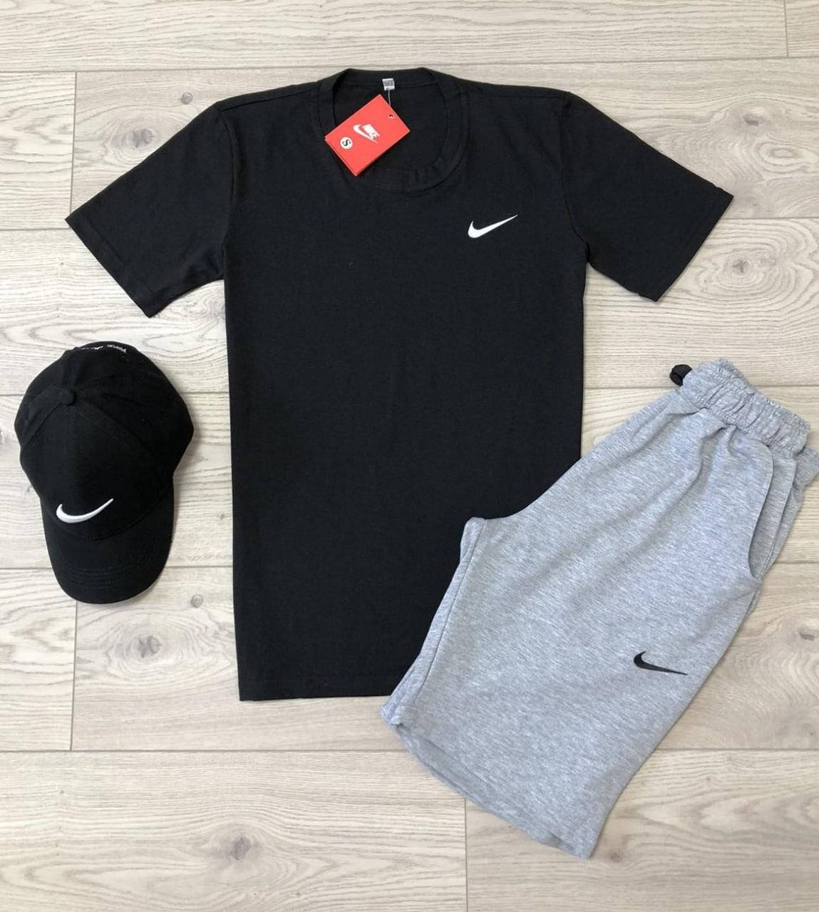 

Мужской летний костюм Nike футболка и шорты Найк комплект + кепка черный с серым M