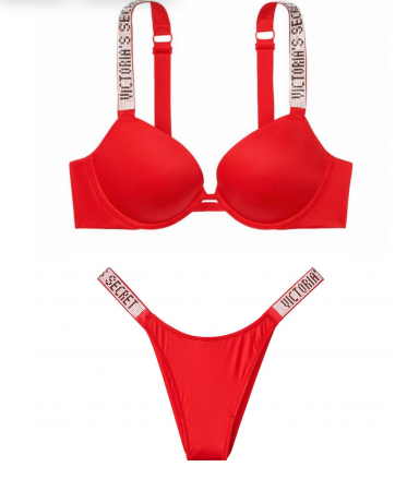 

Женский комплект нижнего белья Victoria`s Secret Виктория Сикрет Модель Rhinestone со стразами красного цвета 80C, Красный