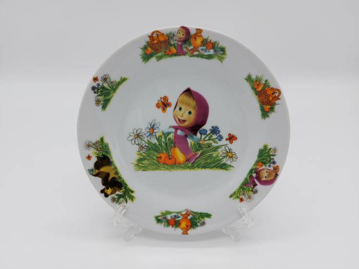 

Тарелка мелкая детская керамическая с рисунком для детского сада Маша и медведь обеденная для вторых блюд 18cm, Белый