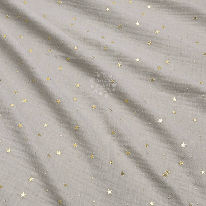 

Двухслойный жатый муслин с золотыми звёздочками на светло-сером фоне, ширина 135 см, Светло-серый