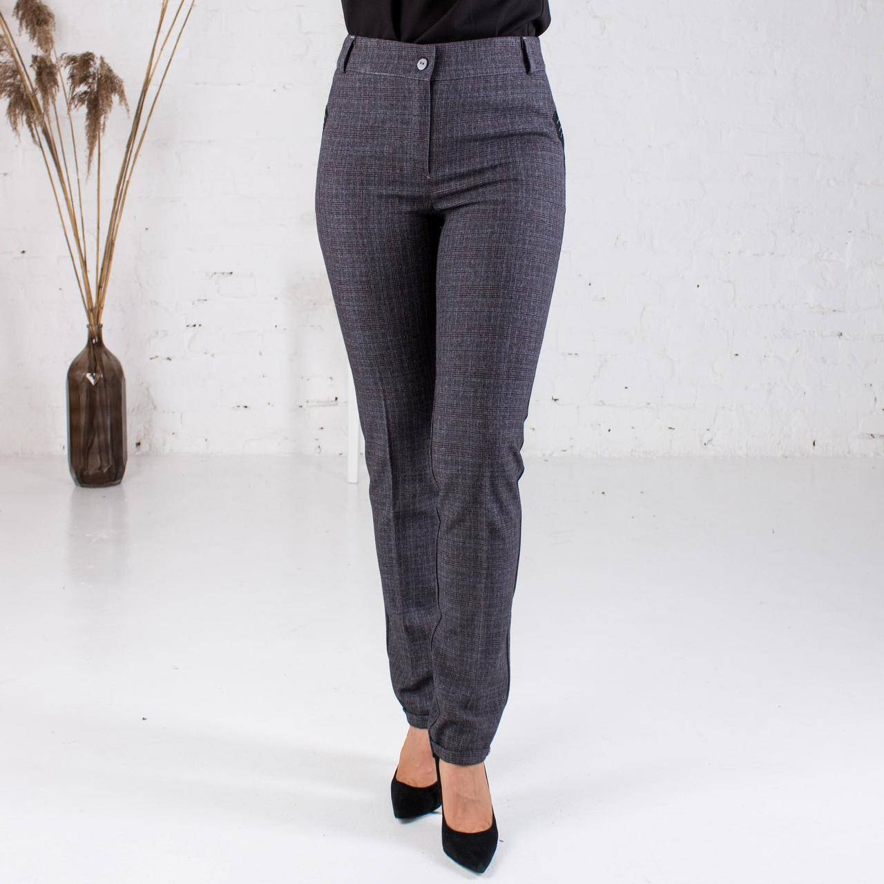 

Брюки женские Сана Альмира серые в клетку, прямые, с молнией, с карманами, костюмные, 46,48,50,52,54,56,58 р-р 52, Темно-серый