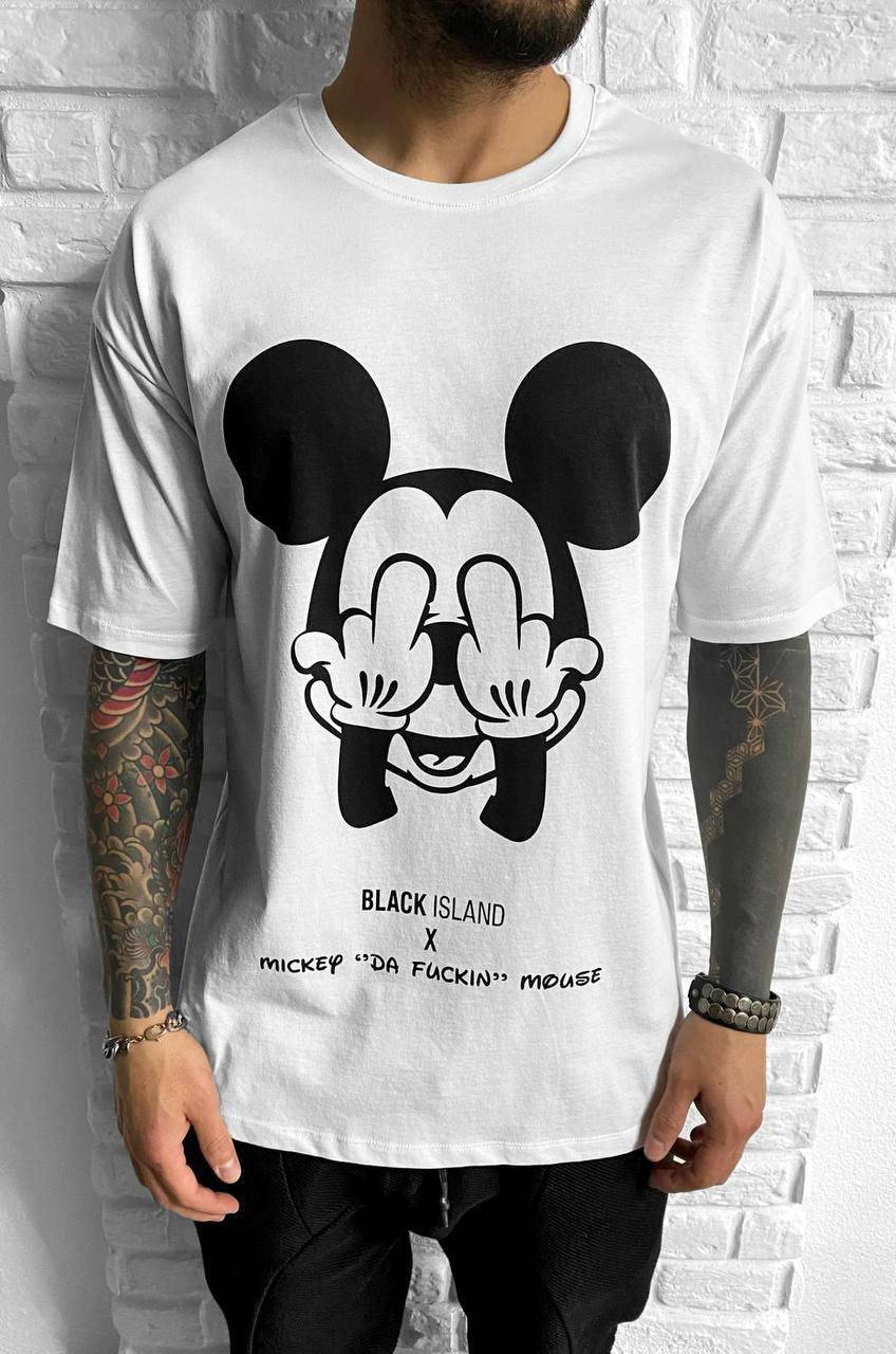 

Оверсайз футболка чоловіча біла з принтом Мікі Мауса Black Island Широкая белая мужская футболка с рисунком