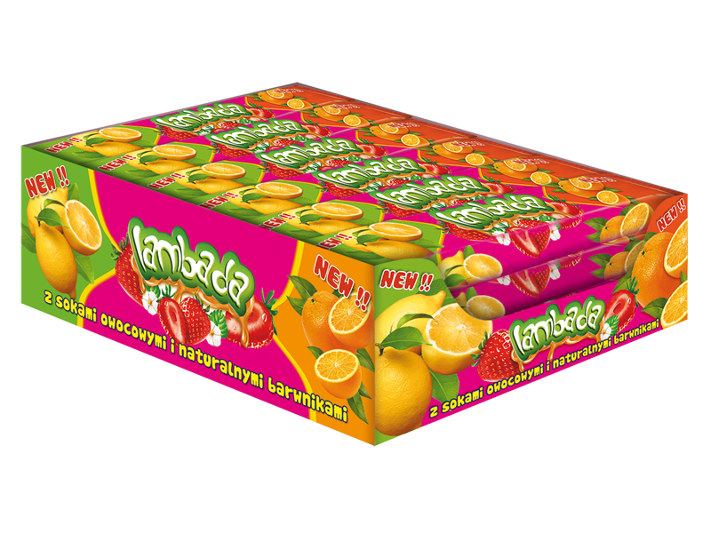 

Резинка растворима со вкусами: апельсина, лимона и клубники Lambada 32шт*78г(3*26г)