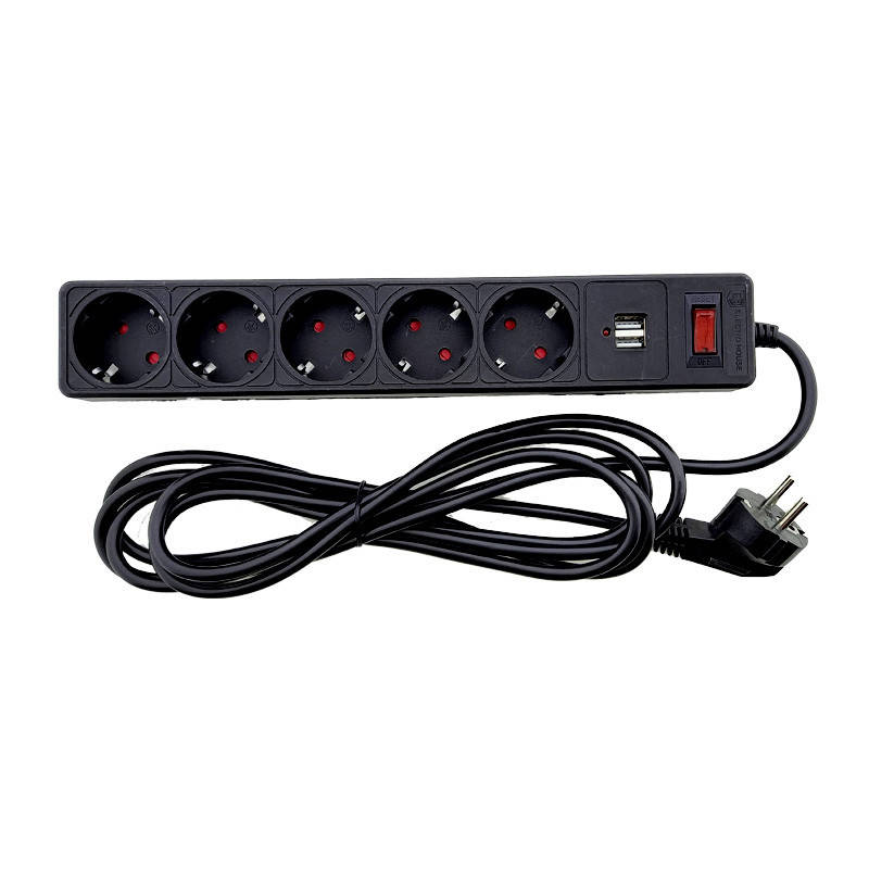 

Сетевой фильтр 5 гнезд с заземлением, 3 м, 2USB, защитные шторки Черный