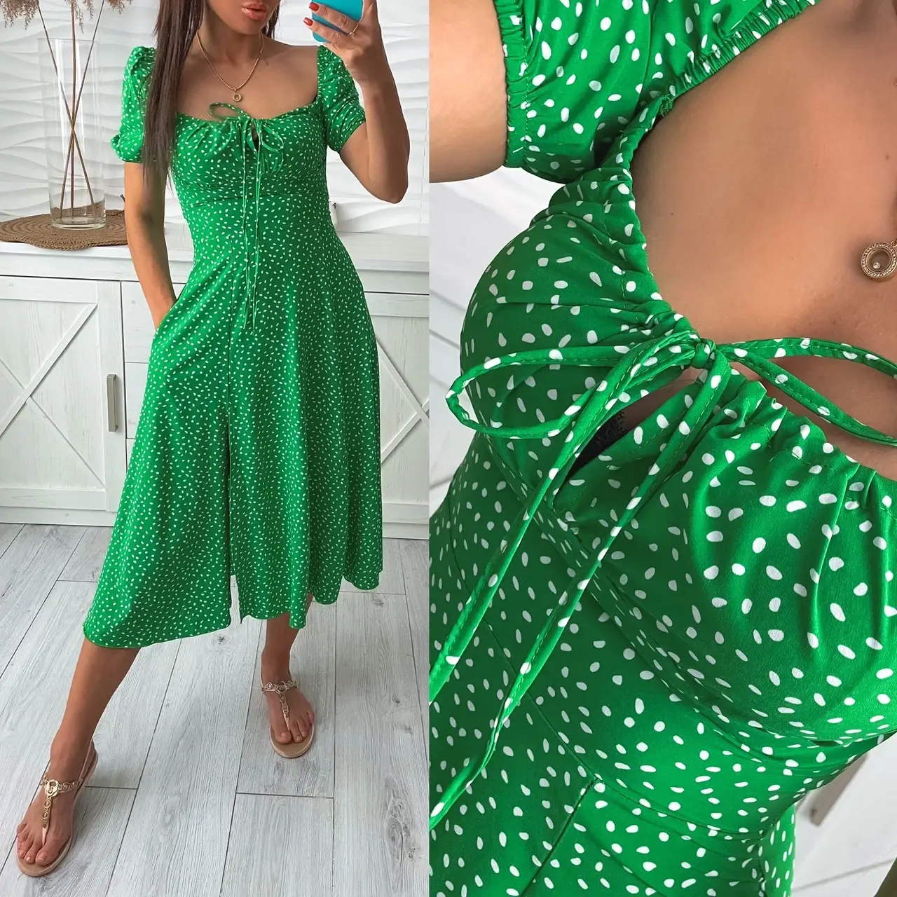 

Летний женский сарафан платье красивого покроя с завязками на декольте зелёное с цветами S M L XL