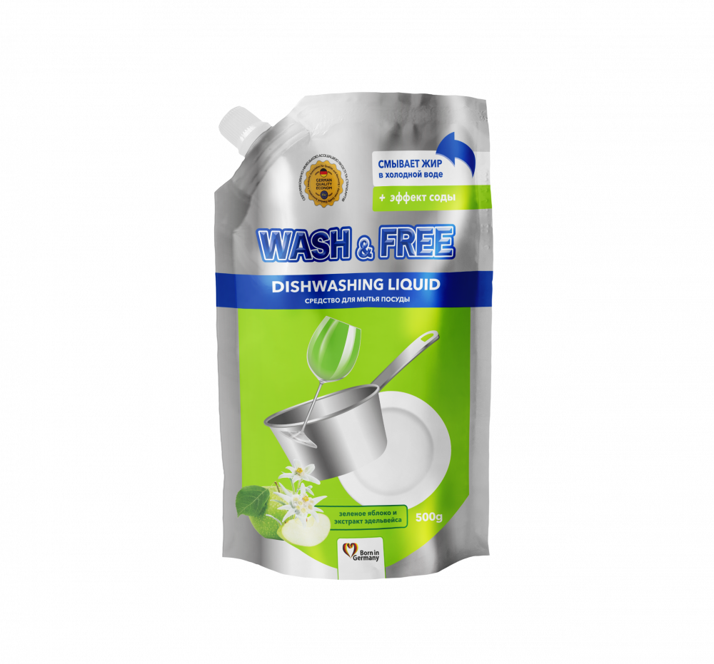 

Средство для мытья посуды "Wash&Free" зеленое яблоко и экстракт эдельвейса 500г (DOYPACK)