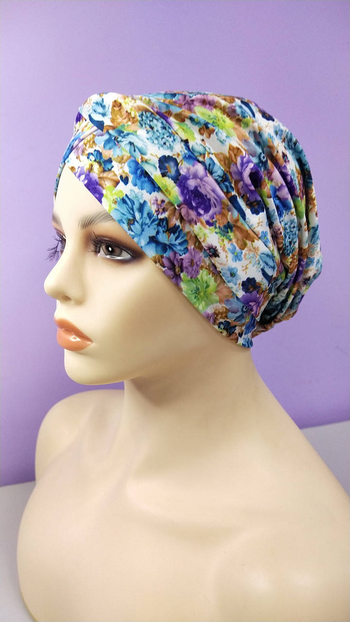 

Удобная шапка чалма женская с принтом кораловая с синим трикотажная, Разные цвета