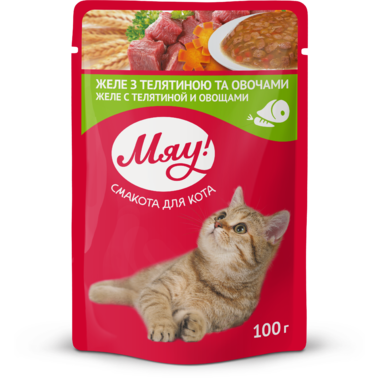 

Влажный корм Мяу! для взрослых кошек желе с телятиной и овощами 100 г.