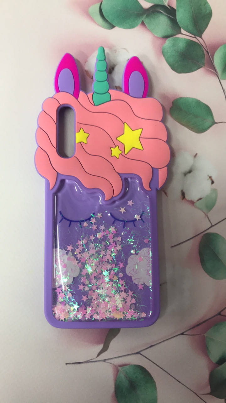 

Чехол силиконовый 3D Case с переливающимися блёстками для Samsung Galaxy А50 (2019) А505 Единорог фиолетовый