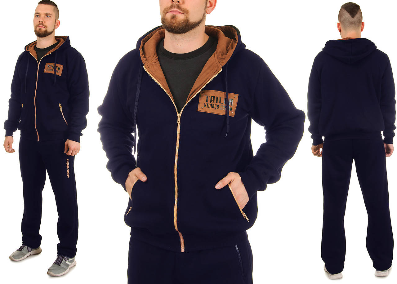 

Мужской теплый трикотажный костюм с капюшоном и вставками из эко-замши 56, темно-синий