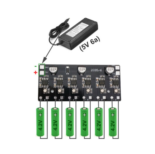 

Контроллер заряда, плата заряда 6x Li-ion 18650 3,7V (раздельная зарядка)