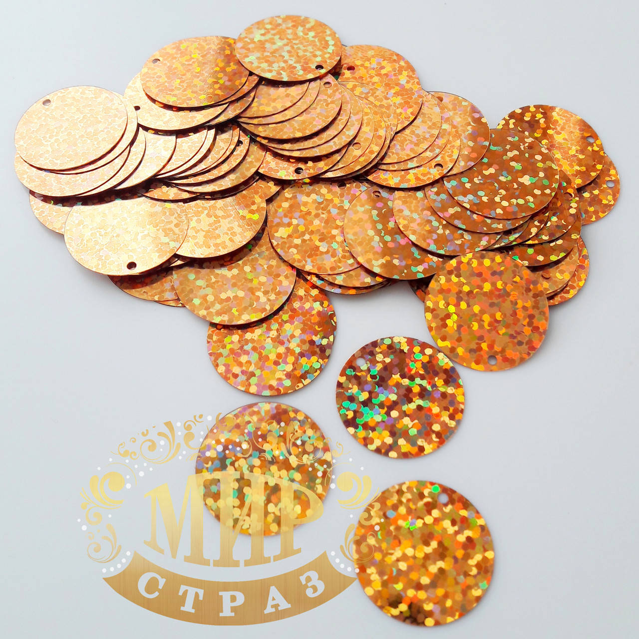 

Пайетки 20мм,голографические, цвет Dark Gold AB, 100шт