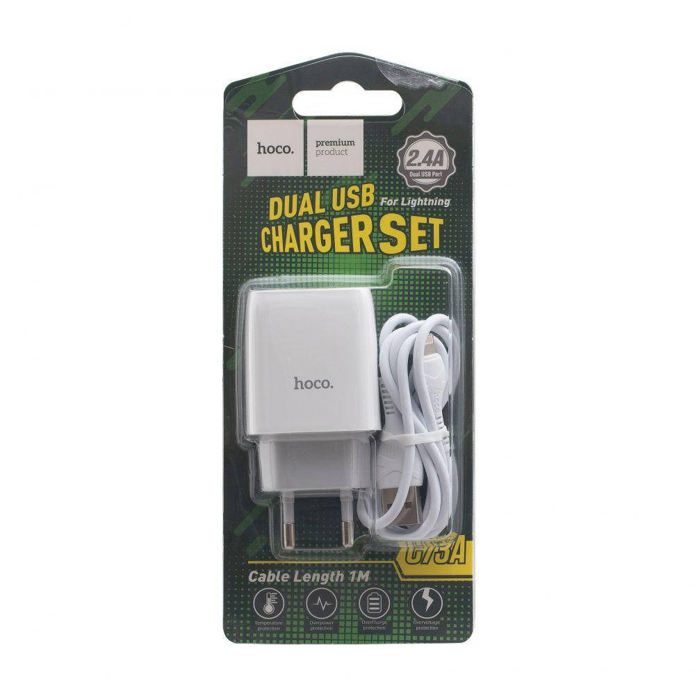 

Сетевое зарядное устройство Hoco C73A 2USB с кабелем Lightning (2USB, 2.4A, белое), Белый