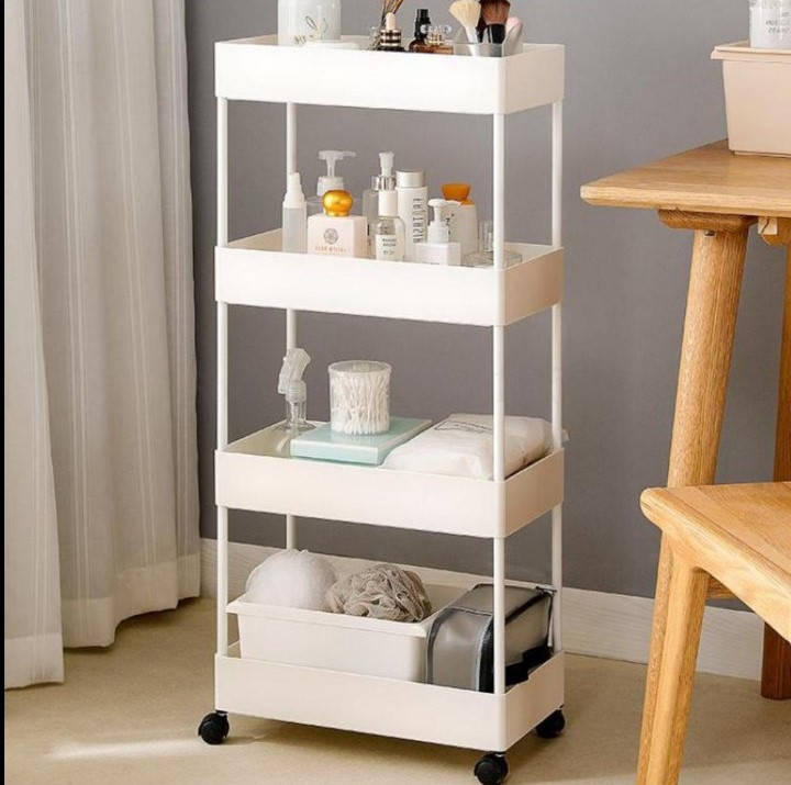 

Этажерка стеллаж пластиковый белого цвета на 4 полки на колесах