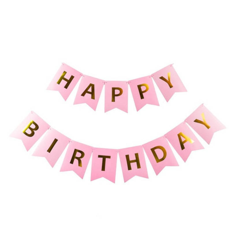 

Гирлянда из флажков розовая Happy Birthday с золотыми буквами длина 3 м