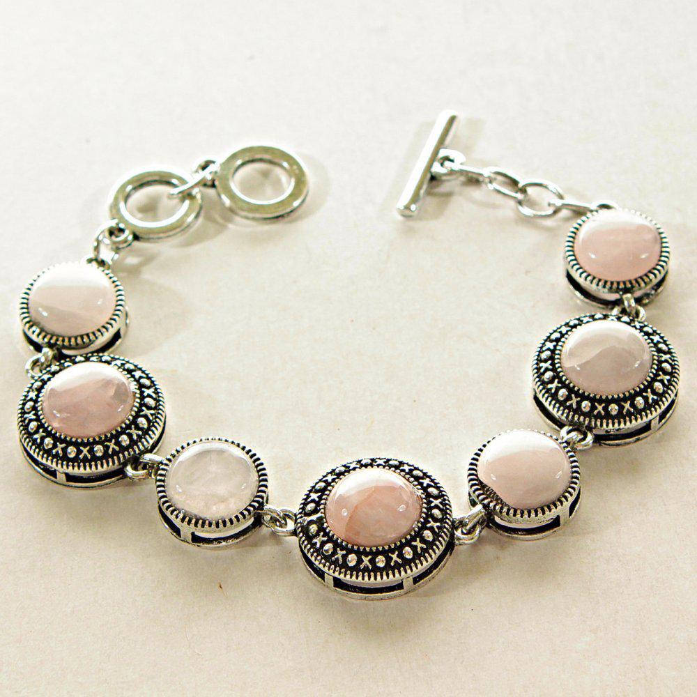 

Браслет Розовый кварц оправа "точка крестик" круглый больше меньше камень 7 шт. 19 и 15 мм L-18-21см