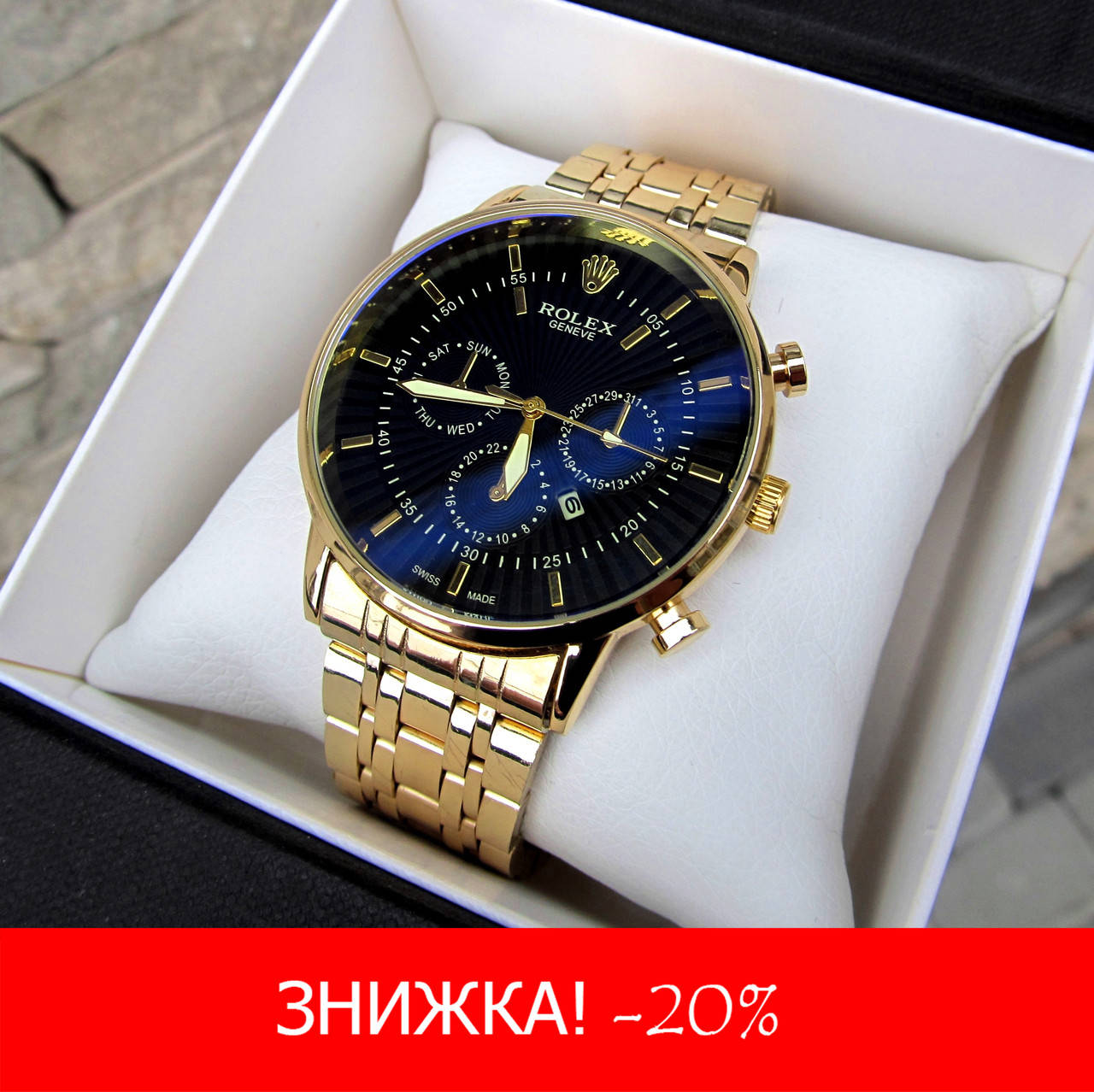 

Мужские кварцевые часы Rolex (Ролекс) золотые черный циферблат хамелеон