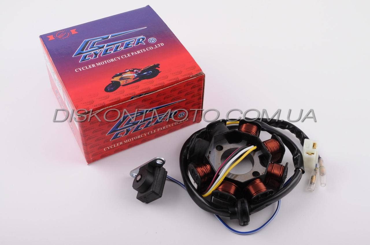 

Статор генератора 4T GY6 50 китайский скутер 139QMB (6+2 катушек, 4 контакта) CYCLER