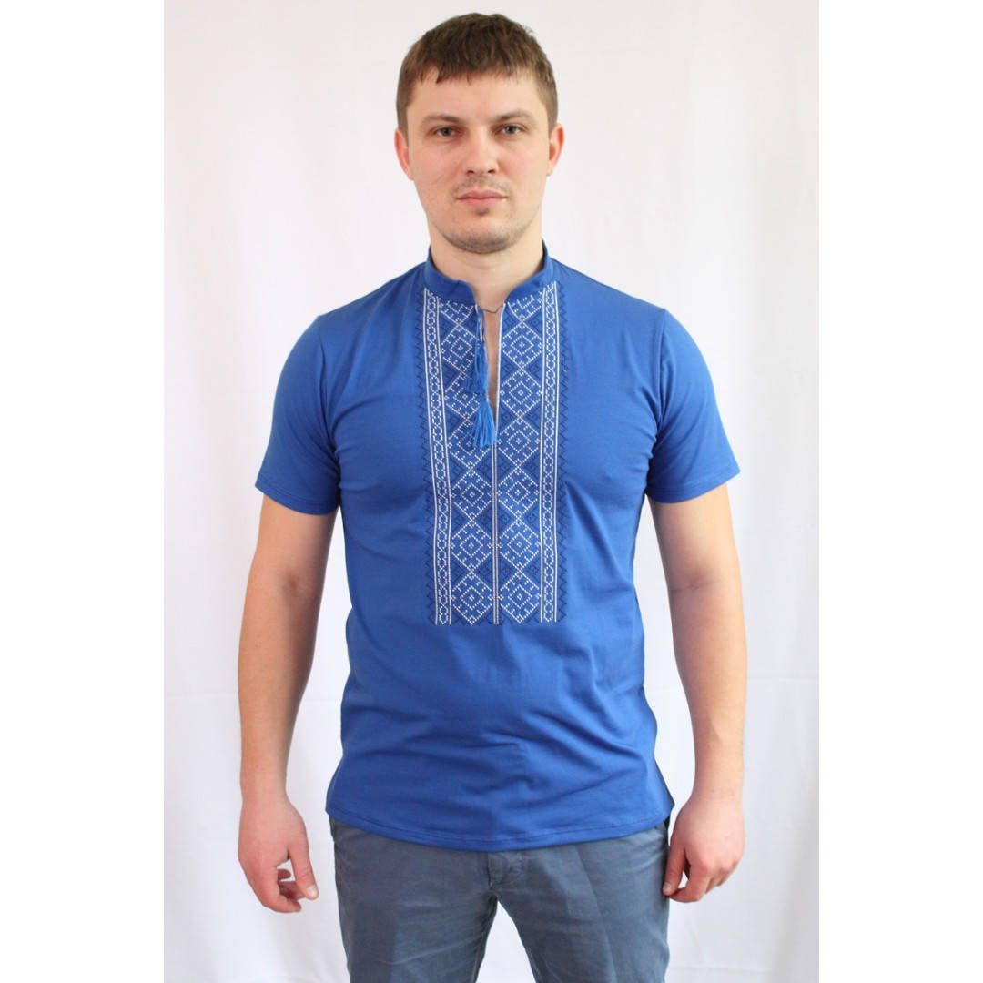 

Футболка вышиванка мужская синяя с вышивкой белыми нитями летняя хлопковая с коротким рукавом, Ладан 48
