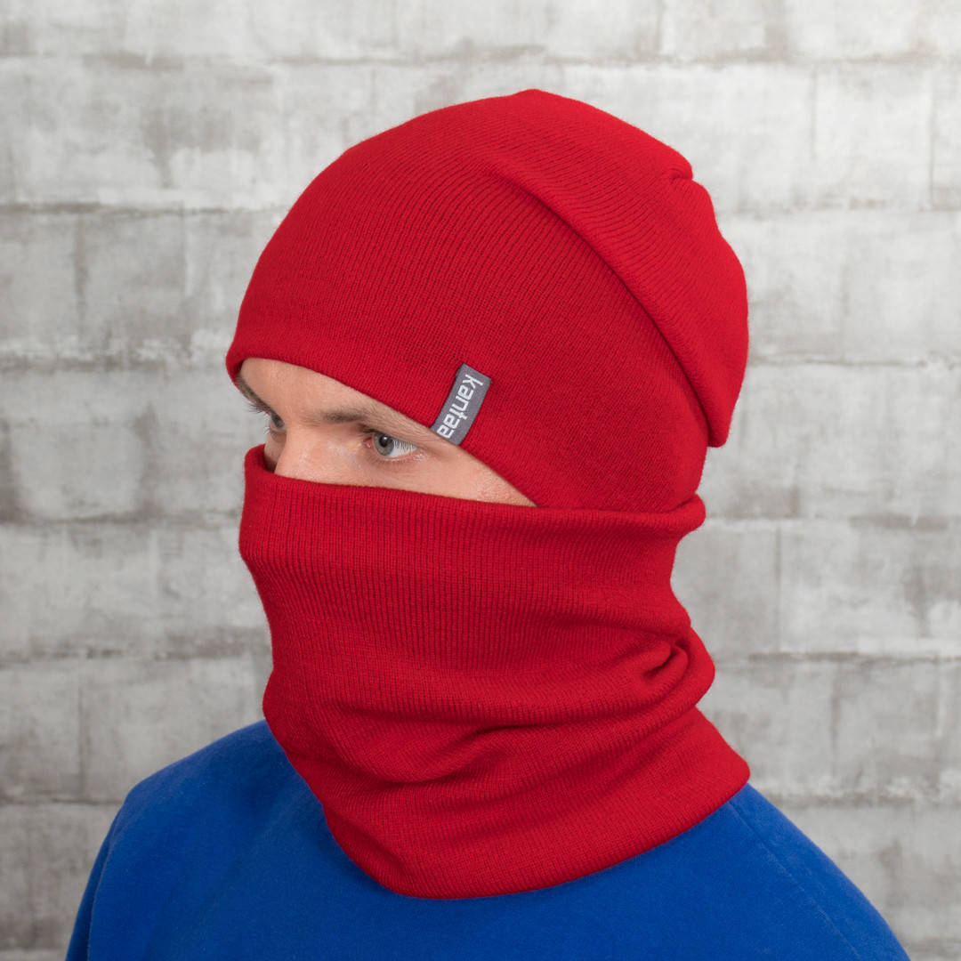 

Шапки Зимние Вязаные - Комплект Бини на флисе красный