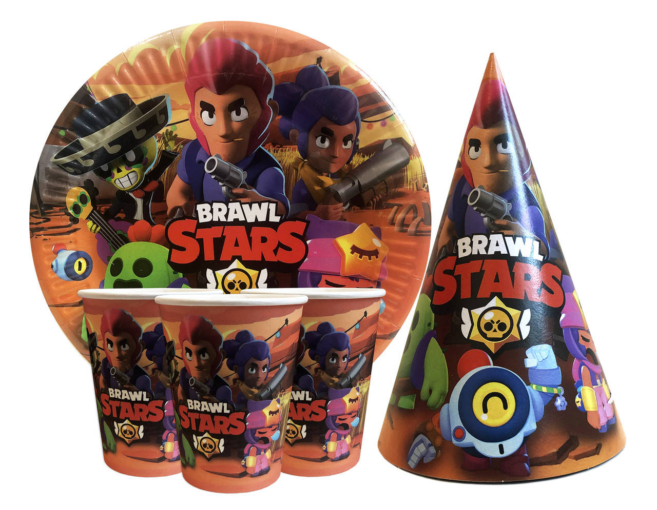 

Набор для детского дня рождения "Бравл старс" Тарелки -10 шт Стаканчики - 10 шт Колпачки - 10 шт