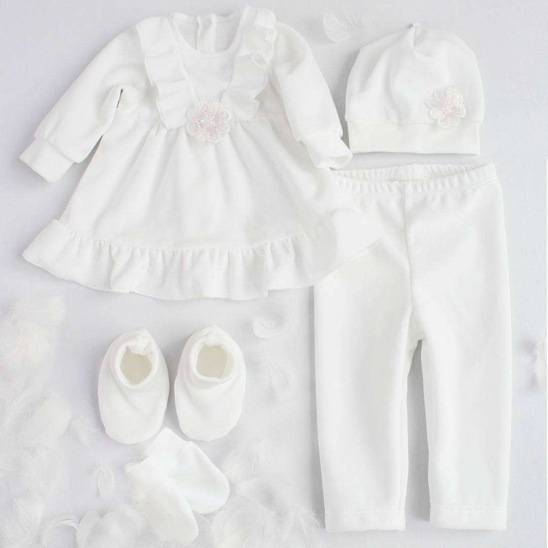 

Теплый набор для крещения девочки велюровый- платье, штаны, шапка, пинетки, царапки, ТМ Ladan 22