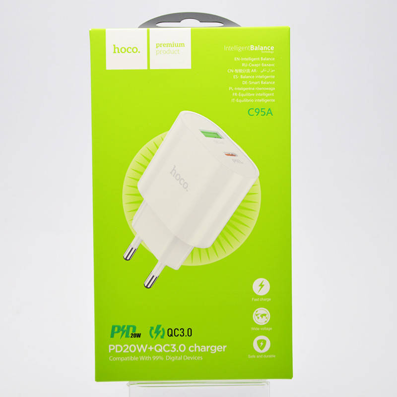 

Блок питания (адаптер) Hoco C95A Lineal (Type-C PD20W / USB QC3.0) White, Белый