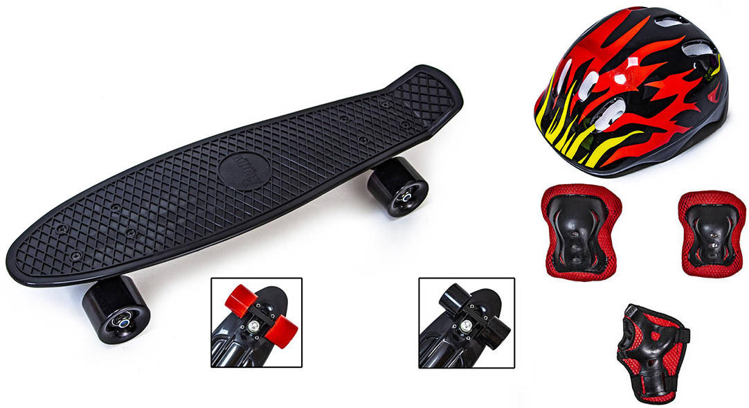 

+ Шлем + Защита + Скейт Пенни Борд Penny Board 22Д Черный цвет Матовые колеса, Бирюзовый