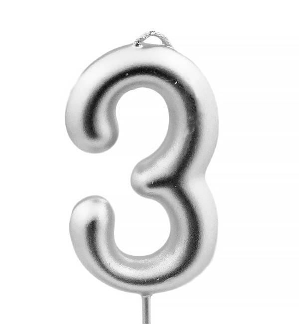 

Свечи - цифры в торт "3", высота - 7 см, цвет - серебро (металлик)