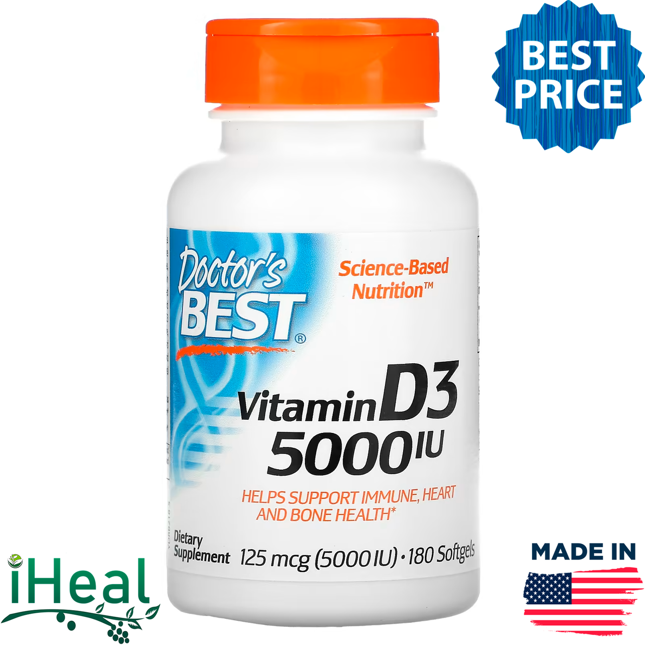 

Doctor's Best, витамин D3, 125 мкг (5 000 МЕ), 180 капсул