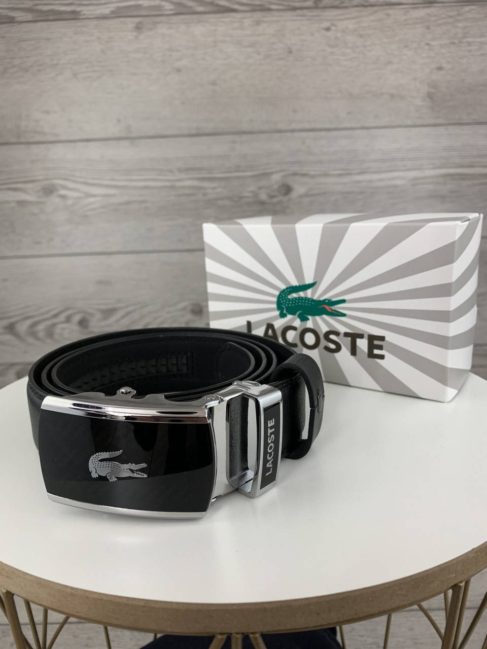 

Мужской кожаный ремень Lacoste лакост брендовый пояс пряжка автомат, Черный