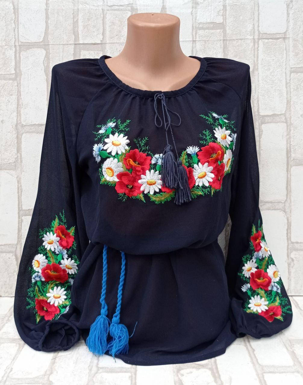 

Вышиванка на синем креп-шифоне 42-44 р-р, Черный