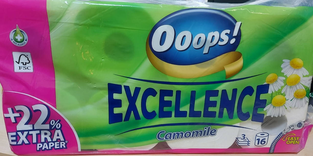 

Туалетная бумага Ooops 3-хслойная Excellence Camomile 16шт (150 отрывов)
