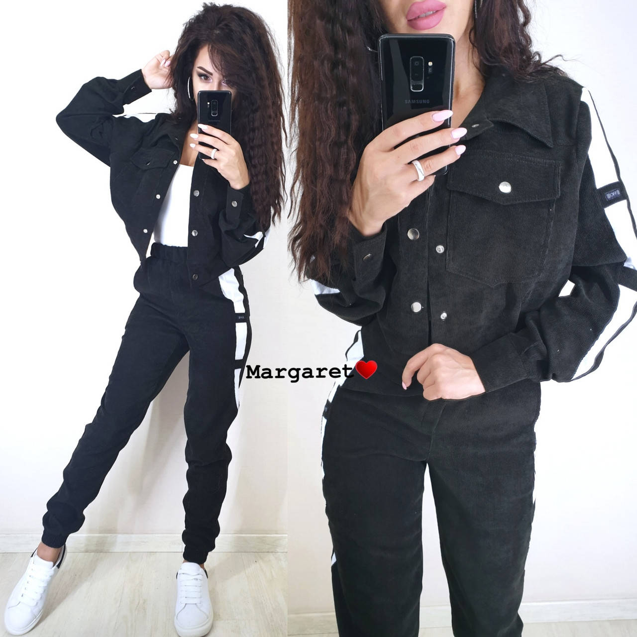 

Вельветовый женский брючный костюм с жакетом и лампасами (р. 42-46) 9KO240, Черный