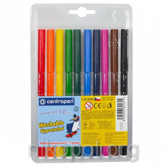 

Фломастеры CENTROPEN 10 цветов, 1мм, Разные цвета
