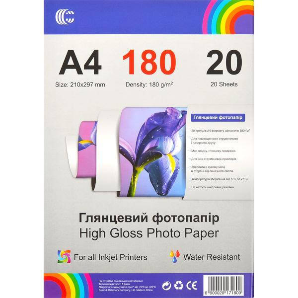 

Фотобумага Color-it A4 глянцевая, 180 г/м2, 20 л., FBA4180, Белый