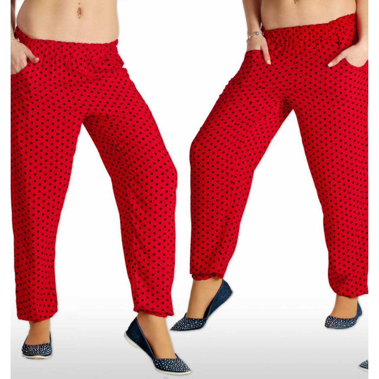 

Летние брюки женские красные в горошек, Красный