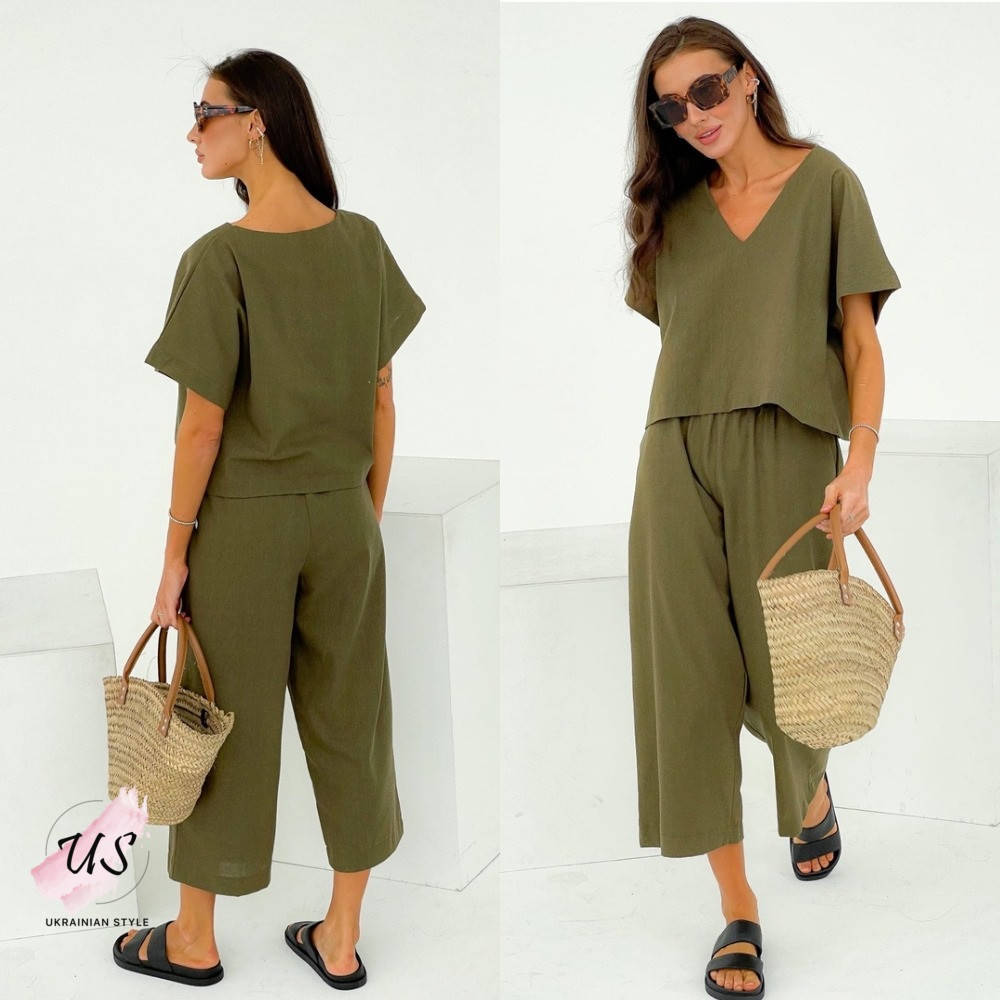 

Летний льняной женский костюм с кюлотами. 3 цвета!