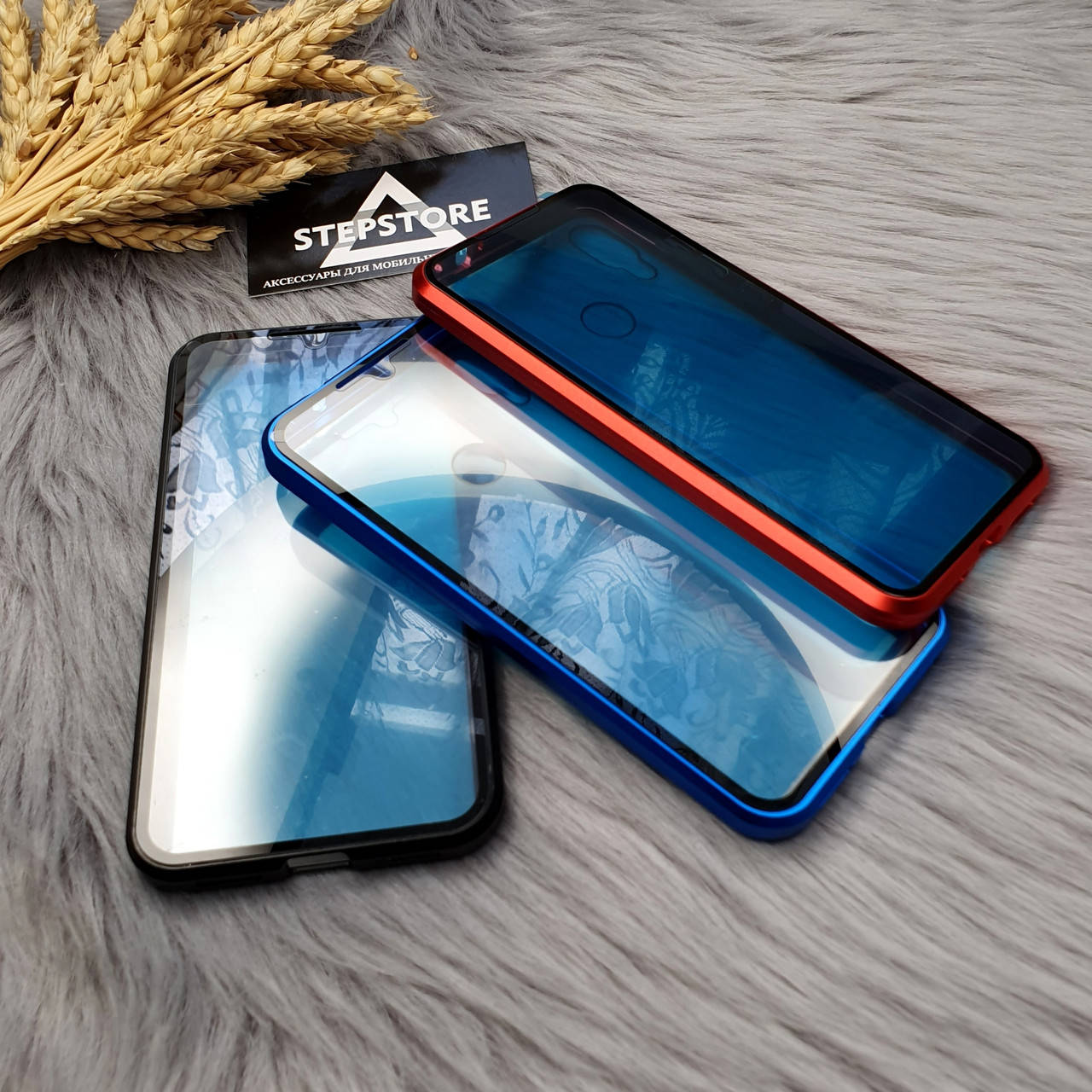 

Чехол магнитный 360 для Xiaomi Redmi note 7 прозрачный противоударный стекло с двух чёрный красный синий