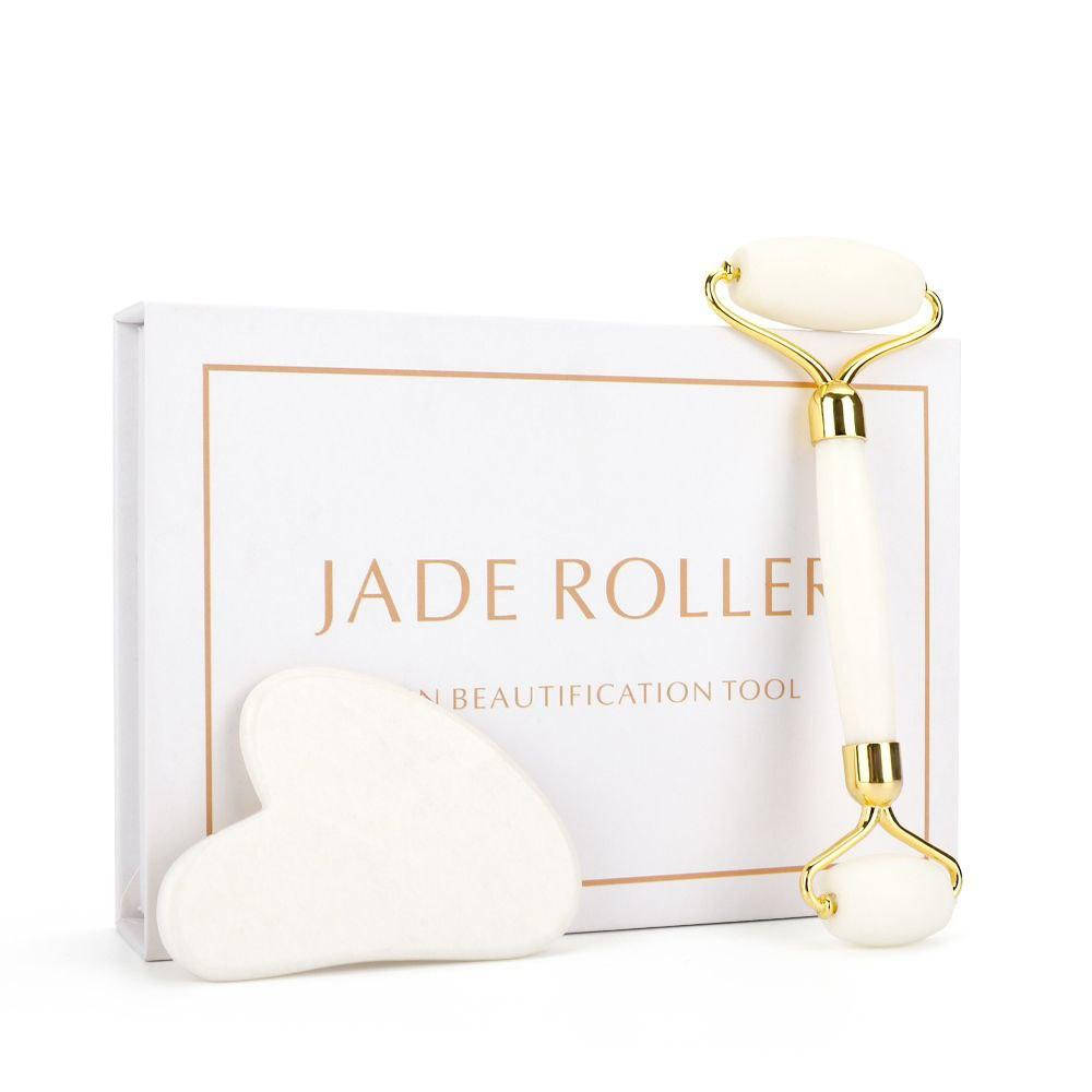 

Роликовый массажер + скребок ГуаШа сердце – белый нефрит в подарочной упаковке