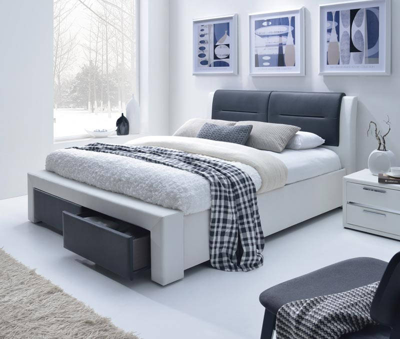 

Белая кровать с ящиками CASSANDRA S 140 белый/черный Halmar