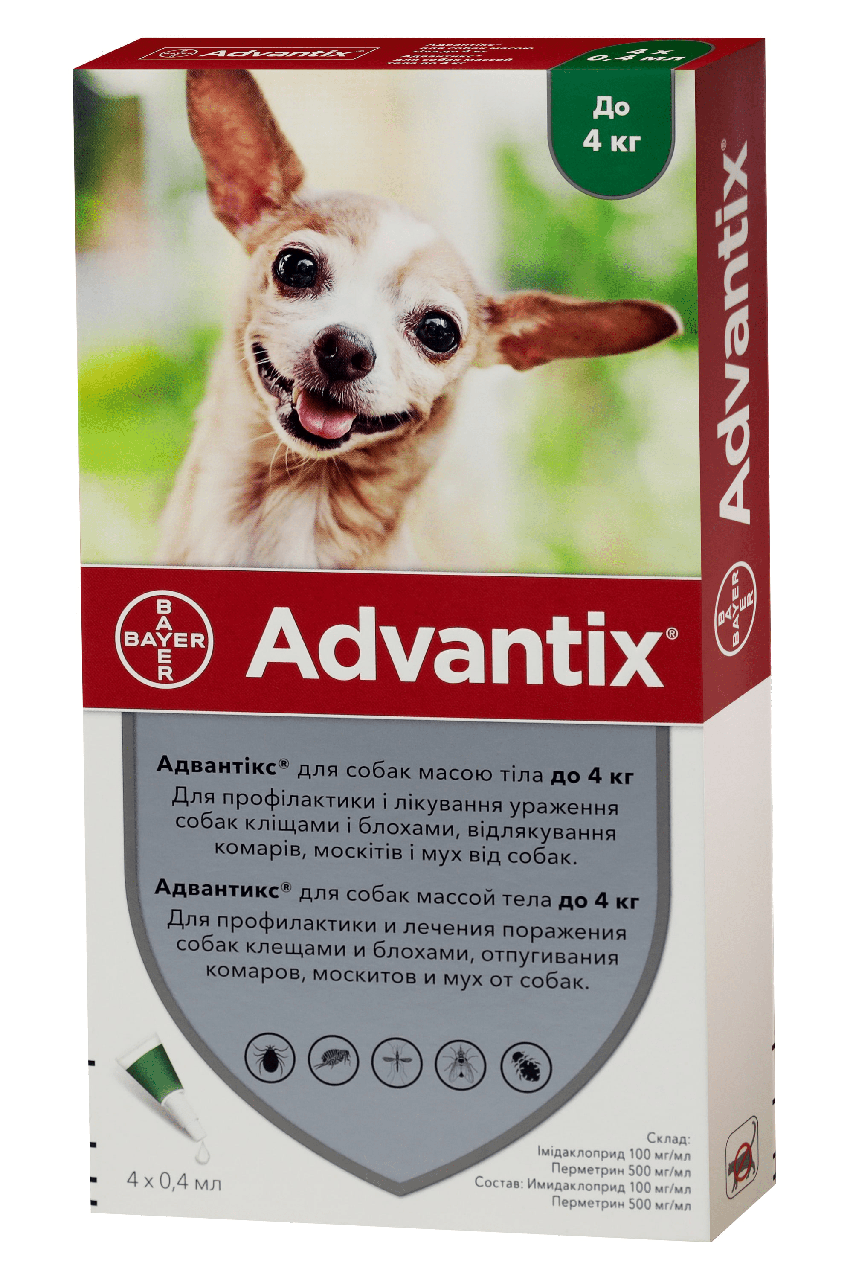 

Bayer Advantix для собак вес до 4 кг 1пипетка 0,4мл