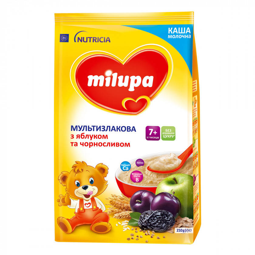 Каша молочна Milupa Мультизлакова з яблуком і чорносливом, 7+, 210г