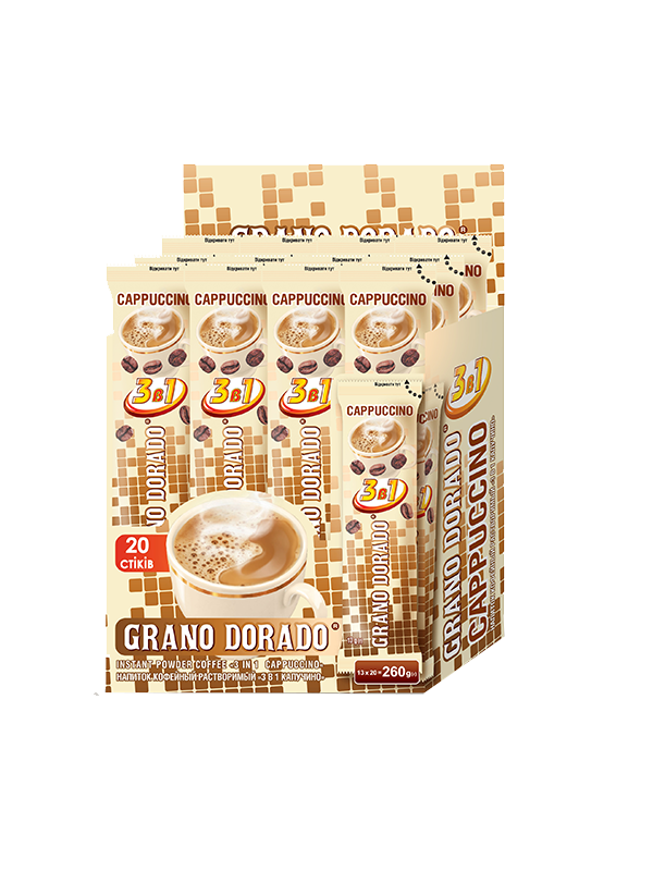 

Кава Мікс 3 в 1 Grano Dorado Cappucino 13 г (шоубокс 20 стіків)