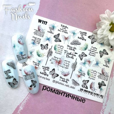 

Слайдер дизайн наклейки на ногти для маникюра водные Fashion Nails w 113 бабочки с текстом, Голубой