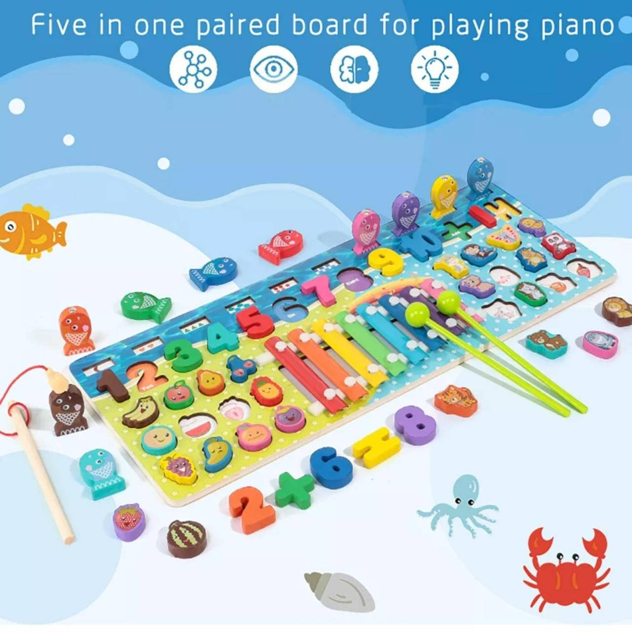 

Игра сортер 5 в 1 " рыбалка-цифры-ксилофон-животные-фрукты"