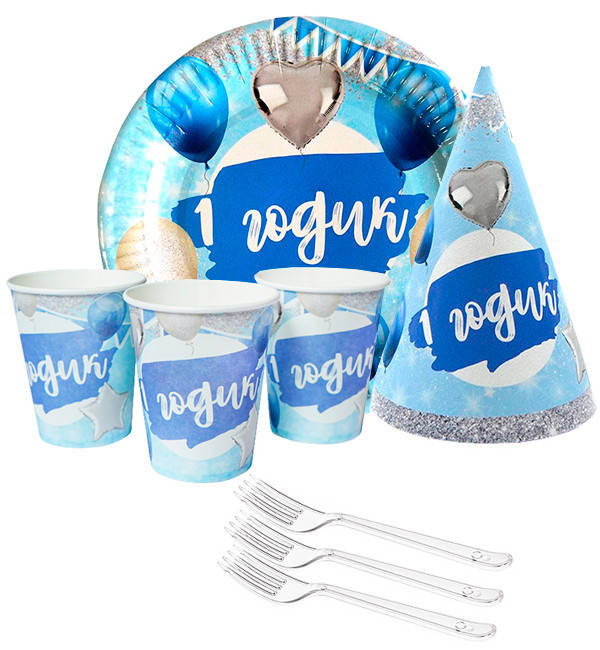 

Набор одноразовой посуды "1 годик мальчик", (10 тарелок, 10 вилок, 10 стаканчиков, 10 колпачков), Голубой