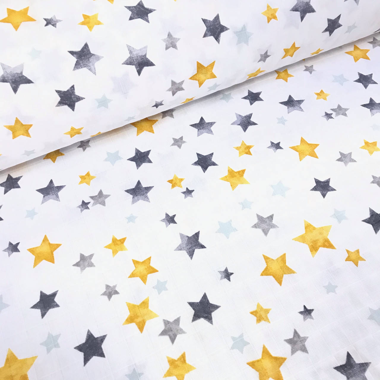 

Ткань муслин Двухслойная звездочки акварель желто-графитовые на белом (шир. 1,7 м) (MS-S-0294), Разные цвета