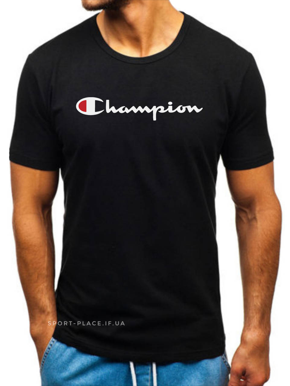 

Мужская футболка Champion (Чемпион) черная (большая эмблема) хлопок L, 50