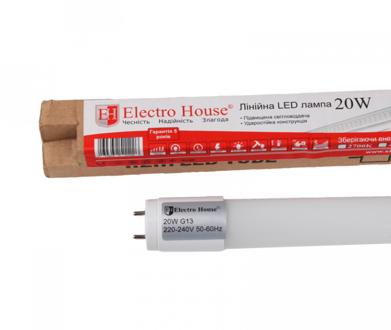 

Лампа светодиодная LED Т8 12W 900мм 1080Lm G13 6500K ElectroHouse